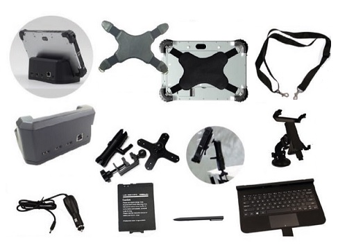 Gamma accessori per tablet rugged: fascie elastice, cinghie, docking station, supporti veicolari, carica batterie auo, tastiere opzionali, batterie , penne, etc